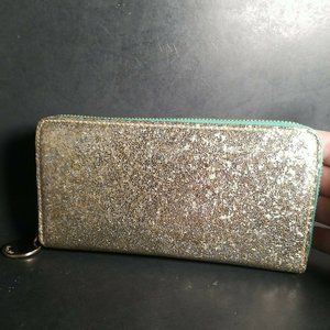 Deux Lux Gold Silver Sparkle Glitter Zipper Wallet Green Edging 8"L Pockets 1"W